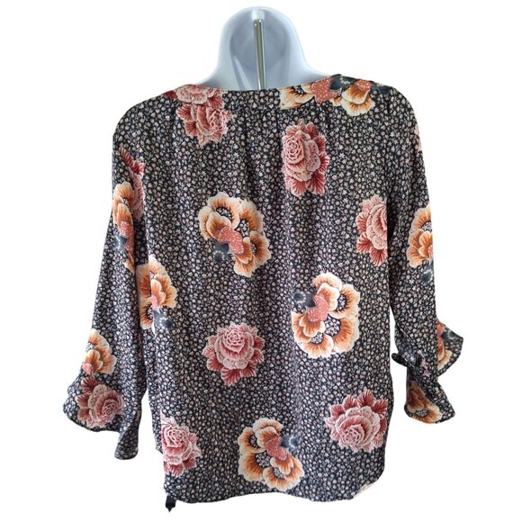 LOFT Outlet Floral Print Blouse 3/4 Sleeves Womens Small Petite Black Orange - Picture 2 of 6
